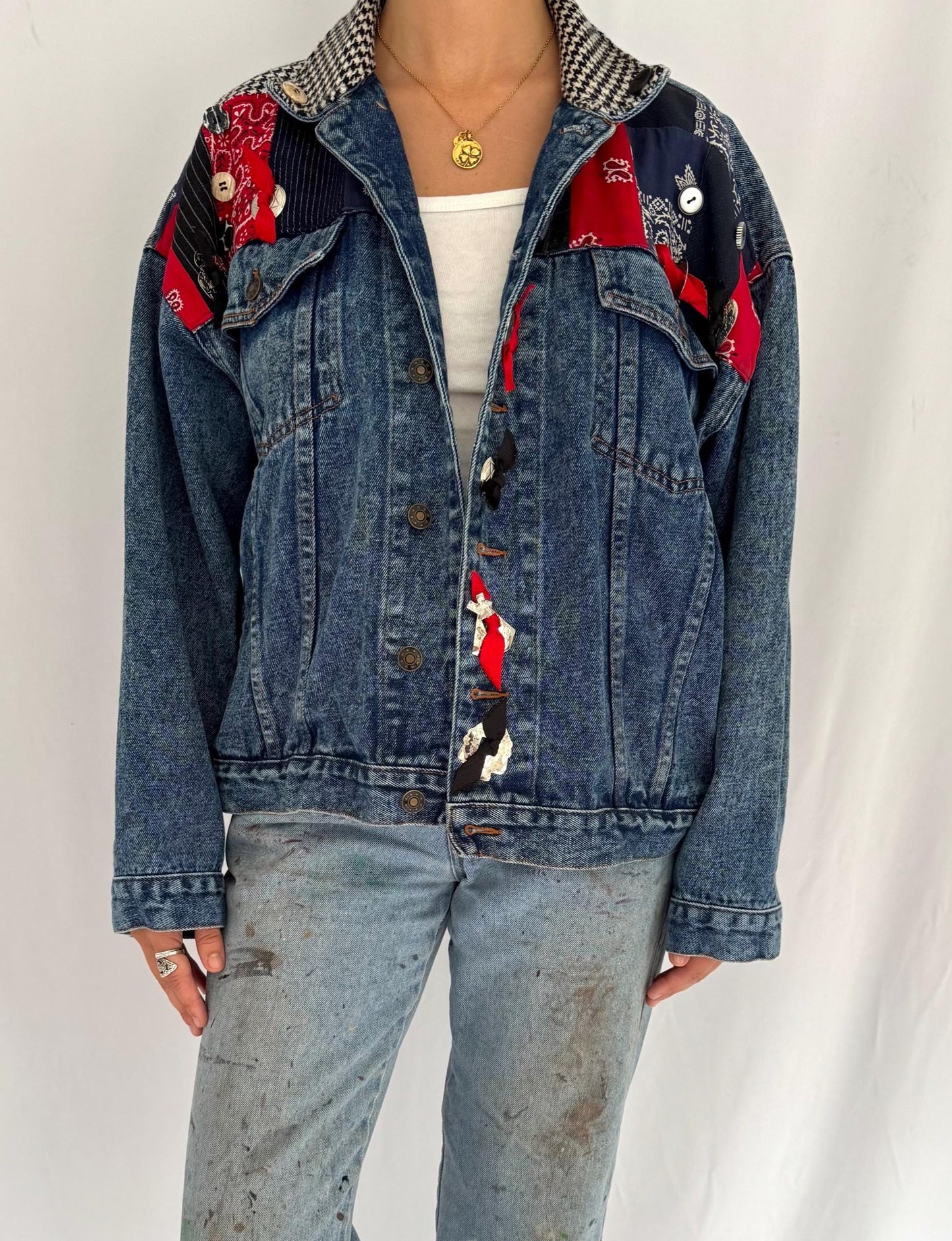 90s vintage blue denim western patchwork bandana jean jacket