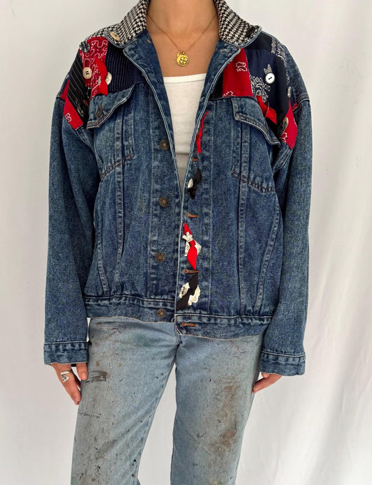 90s vintage blue denim western patchwork bandana jean jacket