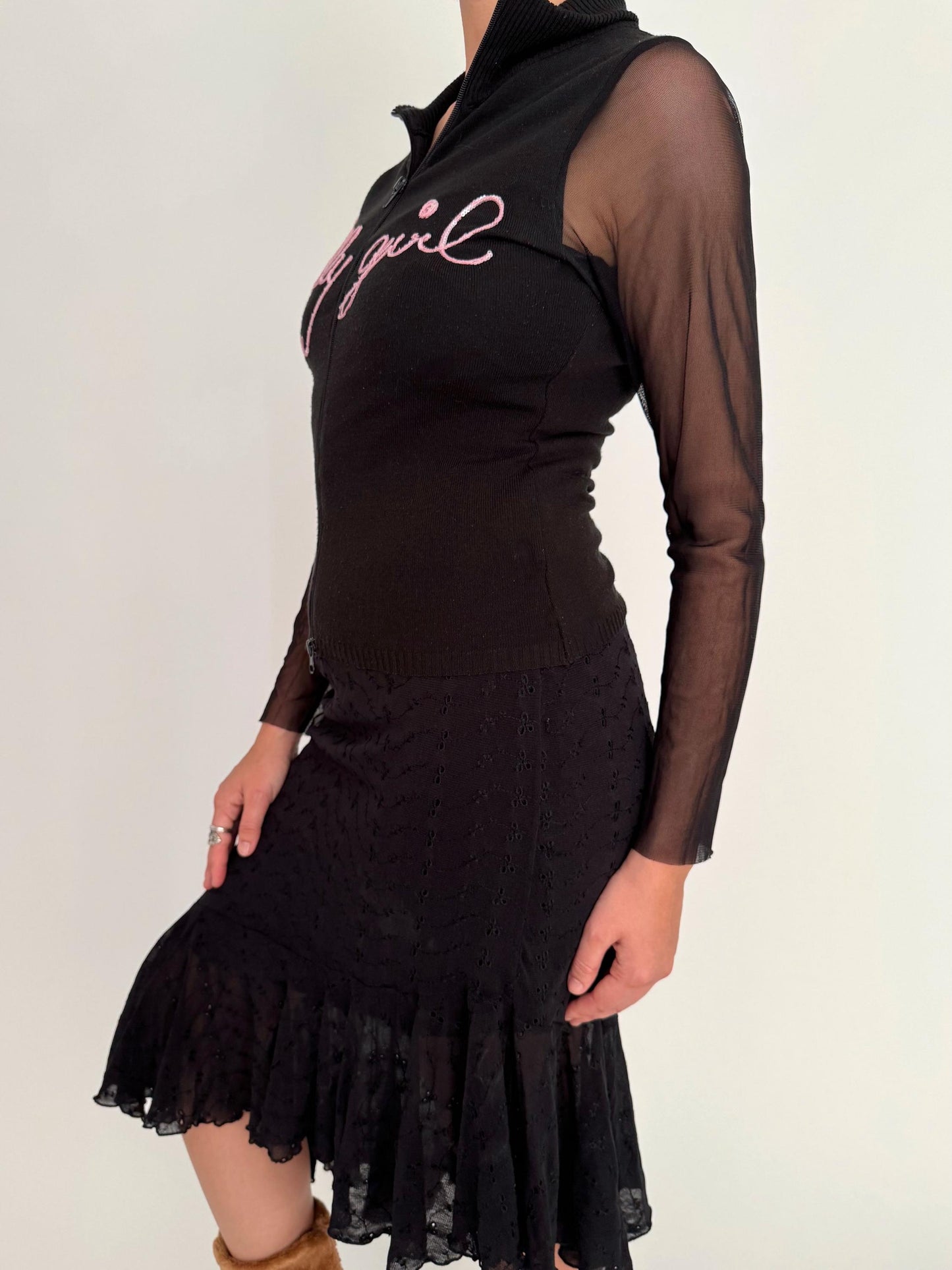 y2k vintage black sheer mesh sleeves zip up sweater