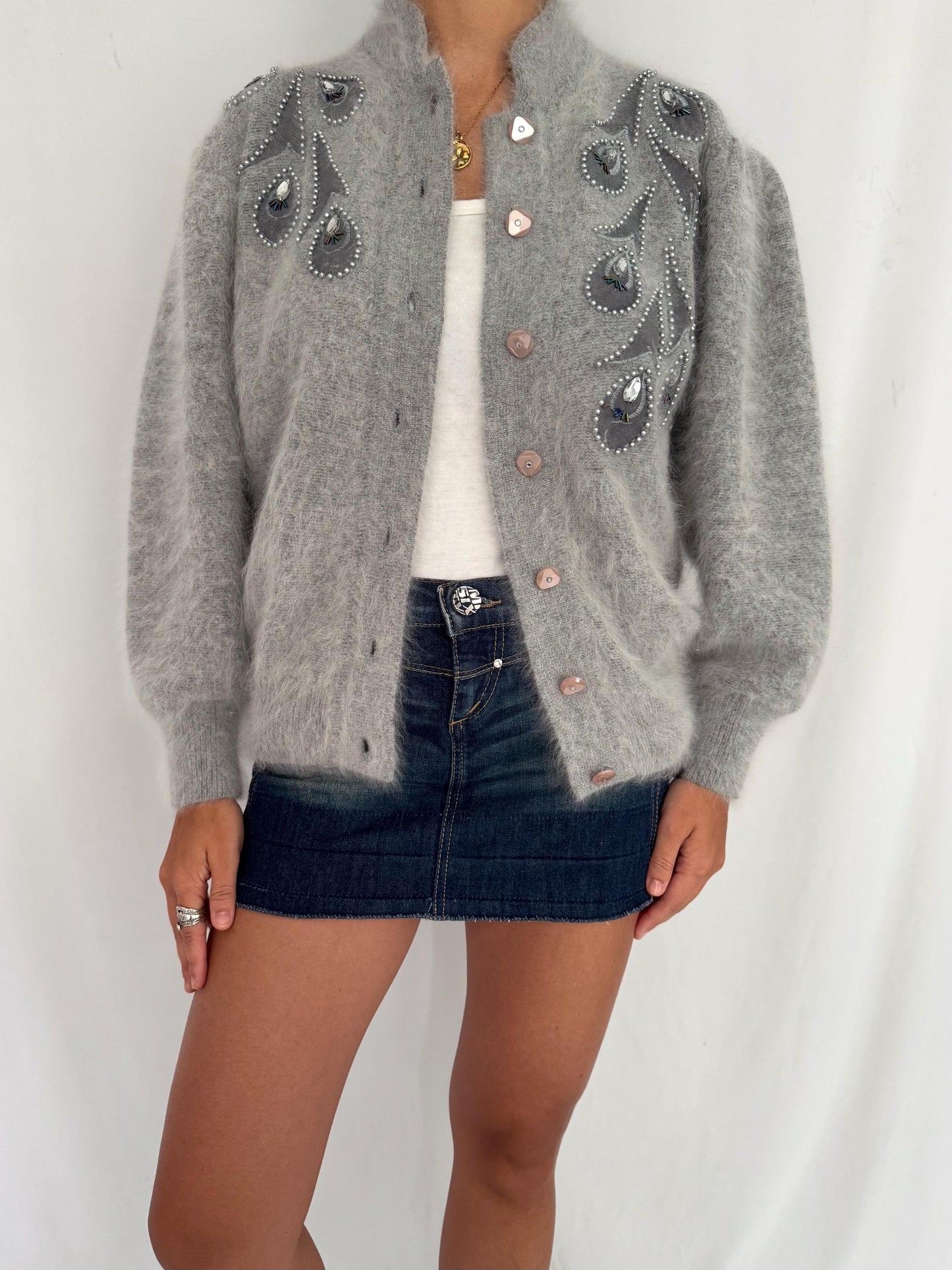 80s vintage grey angora beaded button up cardigan sweater – small medium | fluffy soft embellished puffed long sleeved jumper
