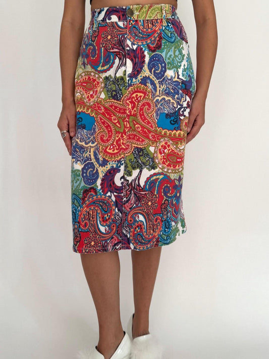 90s vintage multicolor paisley cotton long pencil skirt
