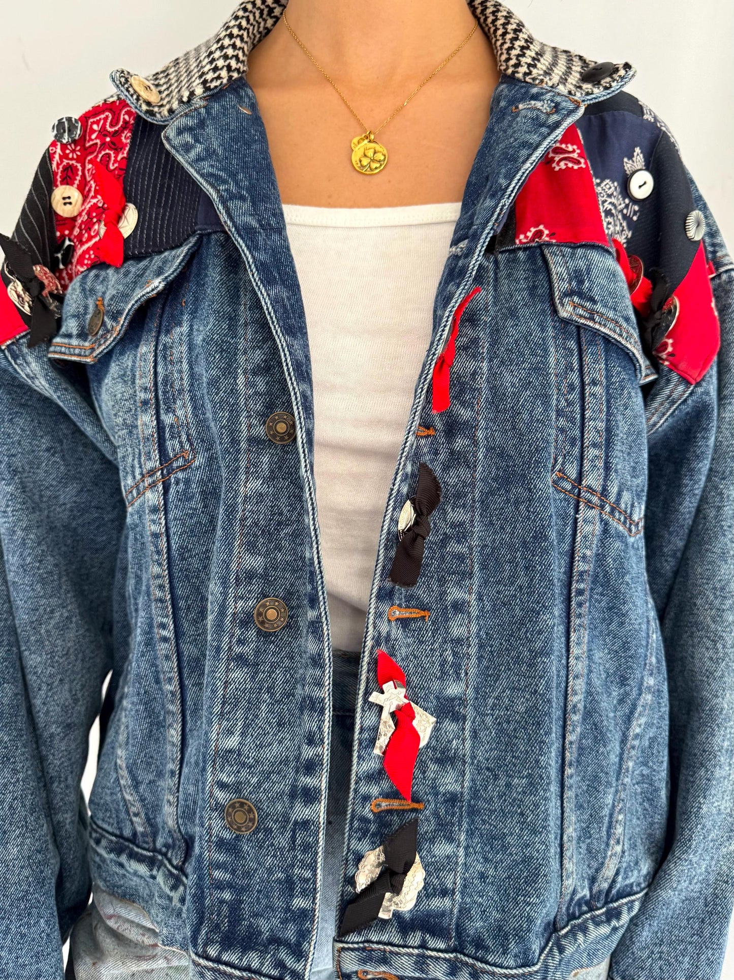 90s vintage blue denim western patchwork bandana jean jacket