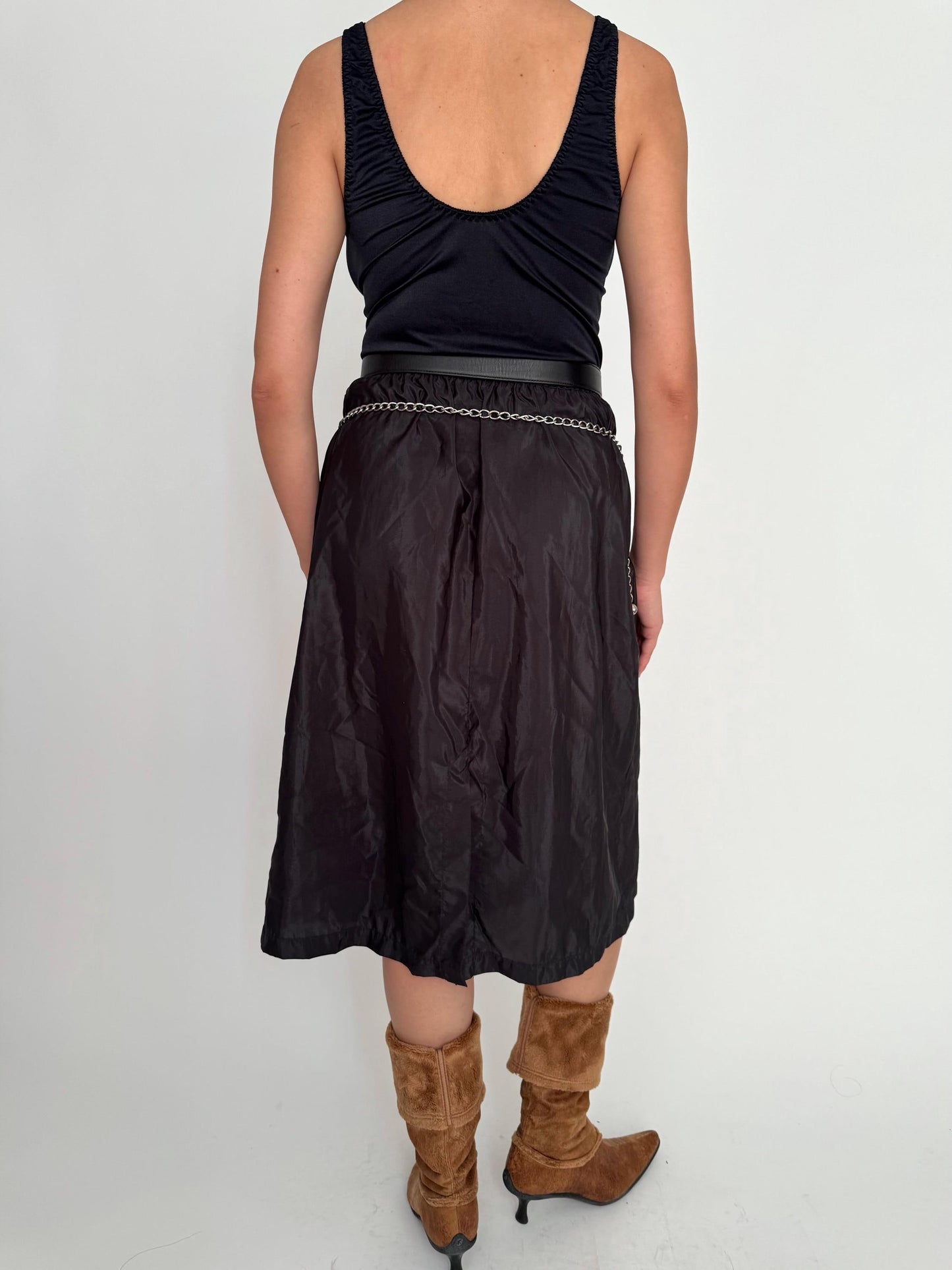70s vintage black Olga midi slip dress with satin skirt