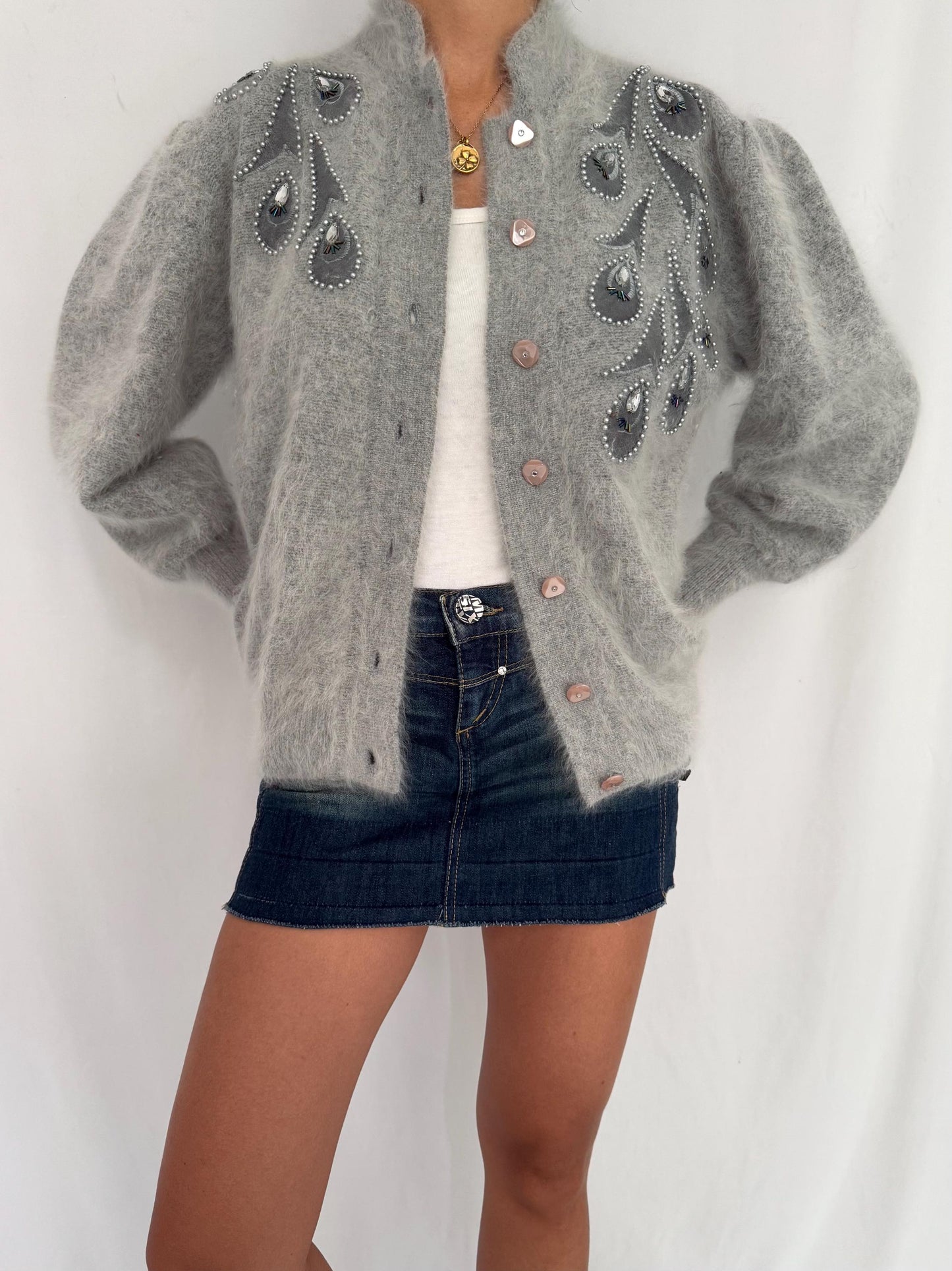 80s vintage grey angora beaded button up cardigan sweater – small medium | fluffy soft embellished puffed long sleeved jumper