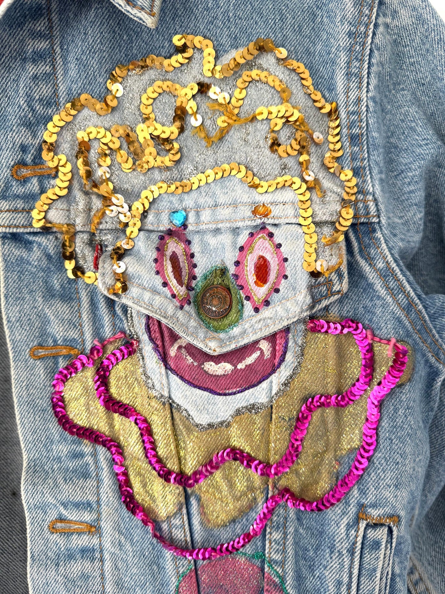 80s vintage blue denim Levis hand painted clown trucker jacket | custom reworked embellished clowncore carnival jean coat