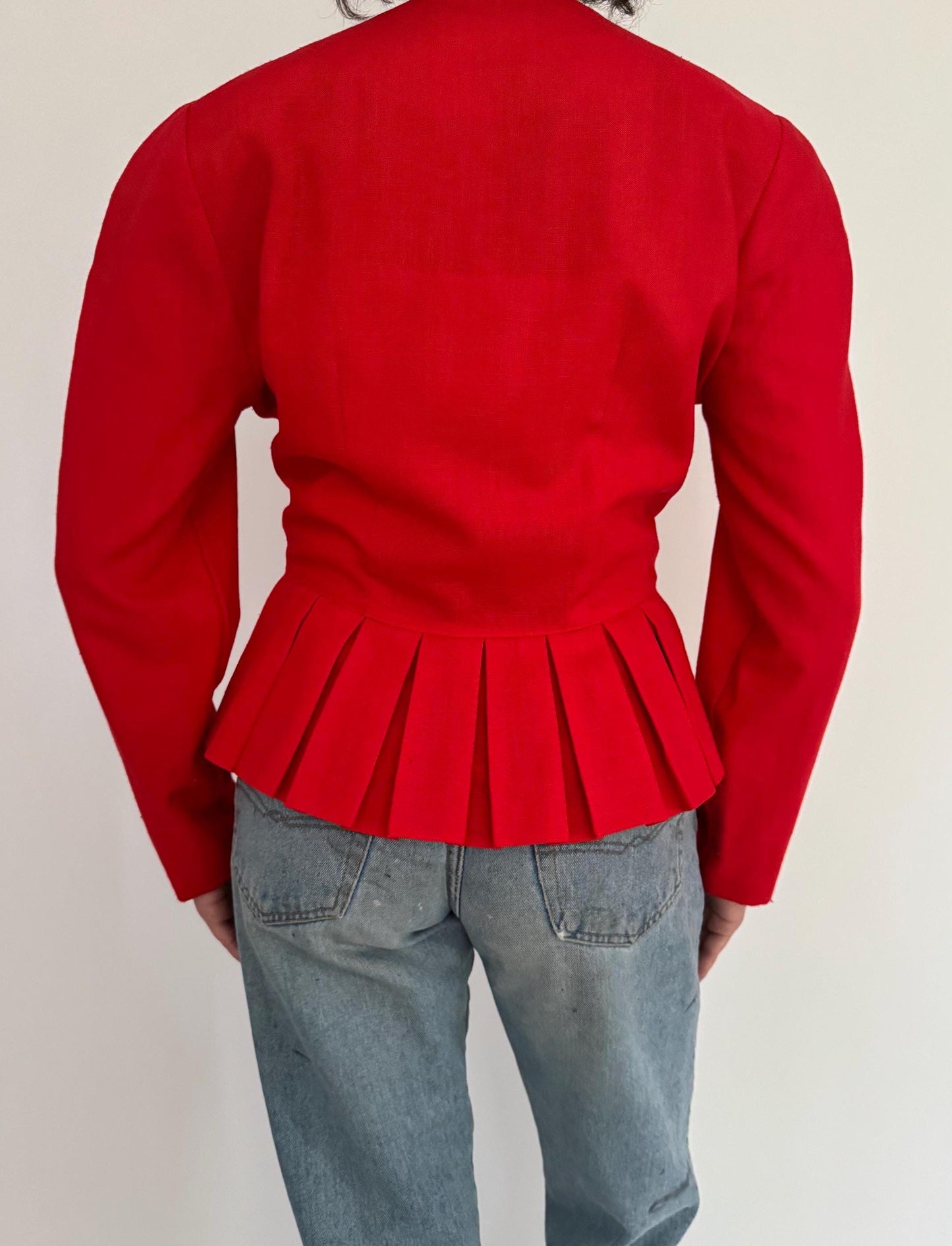 80s vintage red pleated cropped peplum button up blouse