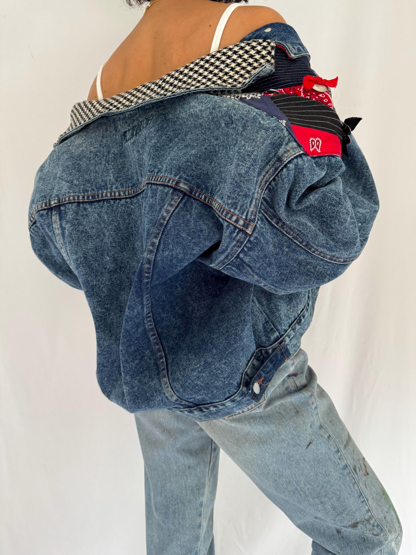 90s vintage blue denim western patchwork bandana jean jacket