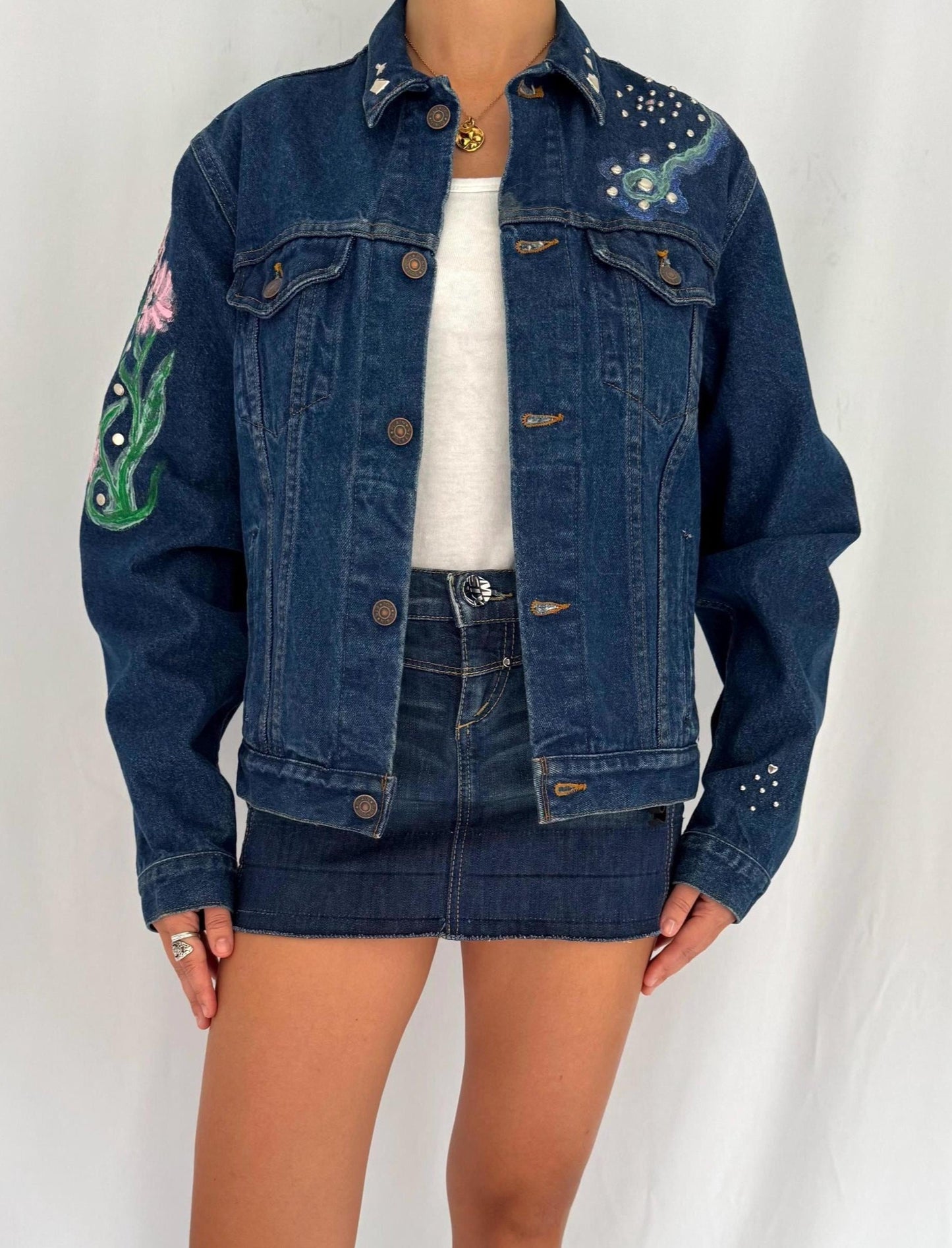 90s vintage blue denim hand painted flowers studded jean jacket – medium | unique reworked custom floral embellished boxy coat