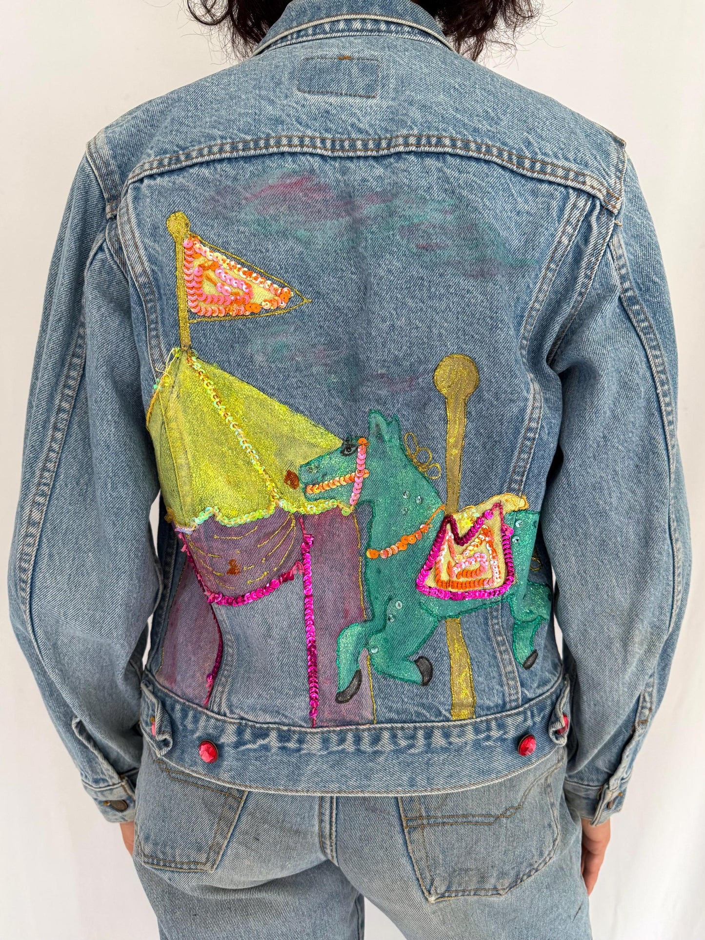 80s vintage blue denim Levis hand painted clown trucker jacket | custom reworked embellished clowncore carnival jean coat