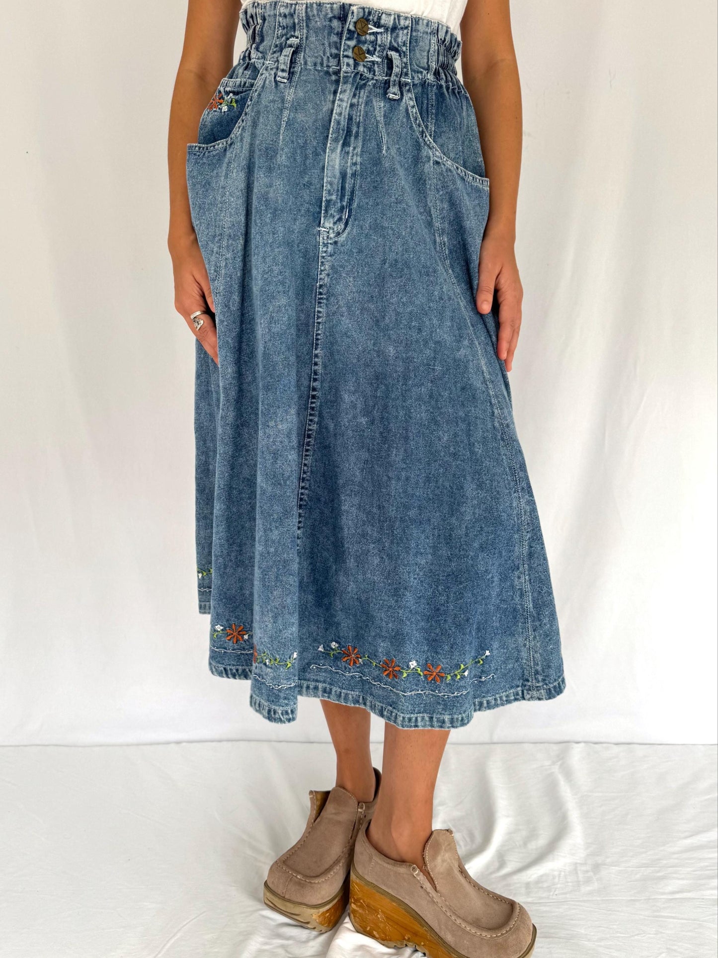 90s vintage blue denim acid wash flared jean midi skirt