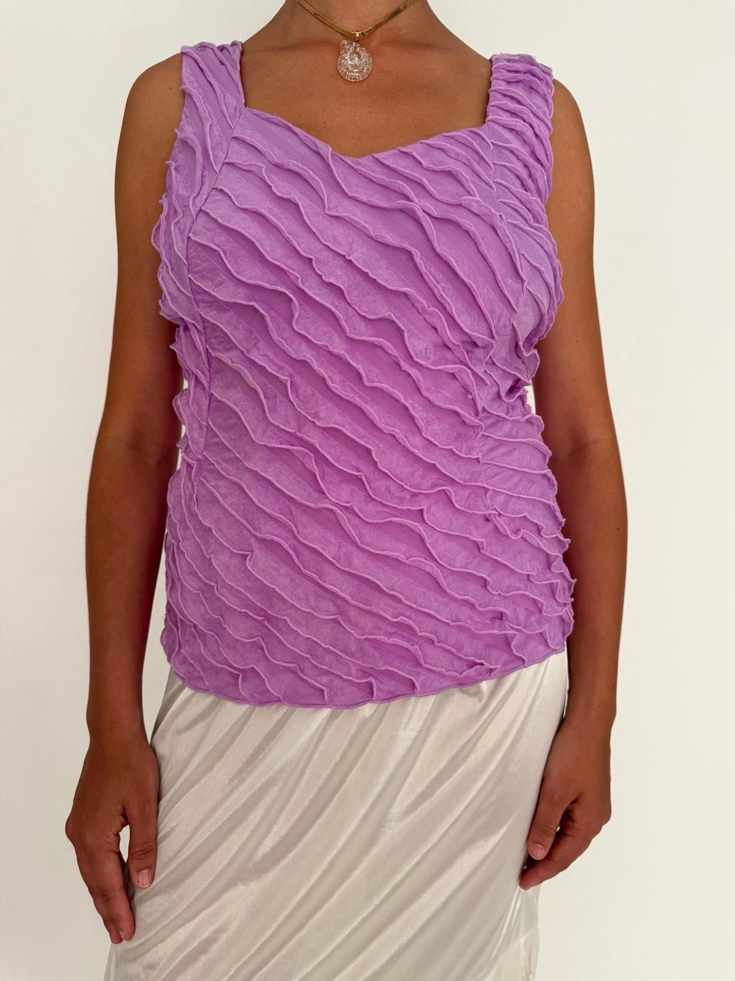 90s vintage purple ruffled tank top – medium large | cute frilly coquette romantic stretch sleeveless shirt