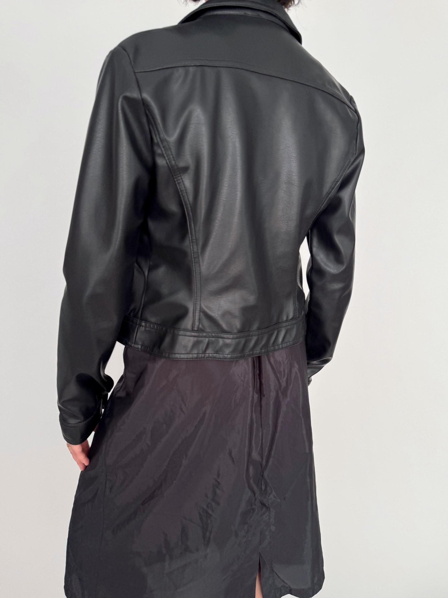 y2k vintage black faux leather collared moto jacket