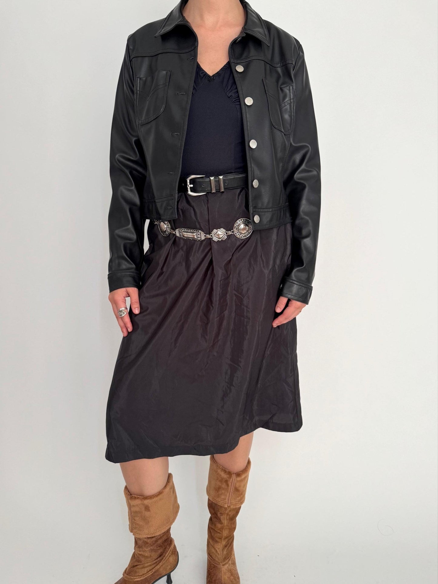 y2k vintage black faux leather collared moto jacket