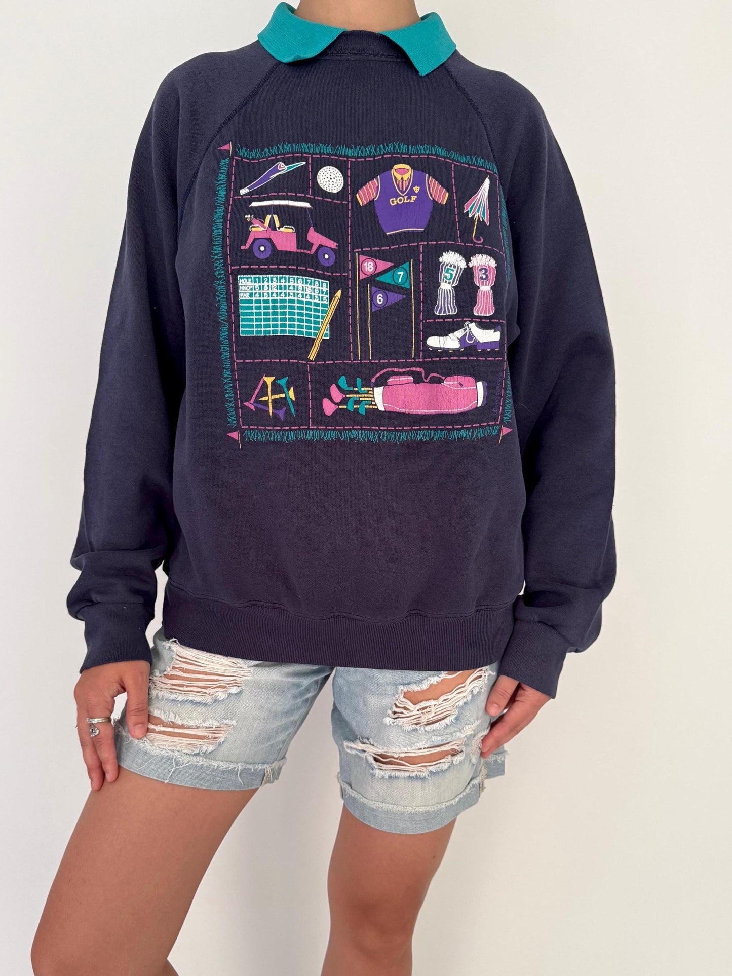 90s vintage blue golf graphic collared pullover sweatshirt | made in USA cotton sweater