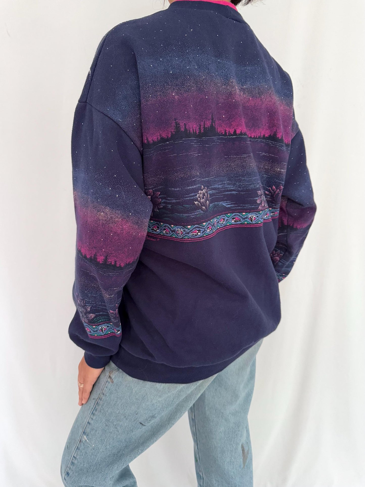 90s vintage duck loon outdoor nature graphic pullover sweater – small medium | lake landscape scene cotton collared sweatshirt