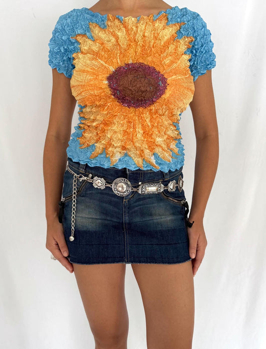 90s vintage blue multicolor sunflower floral graphic popcorn crop top