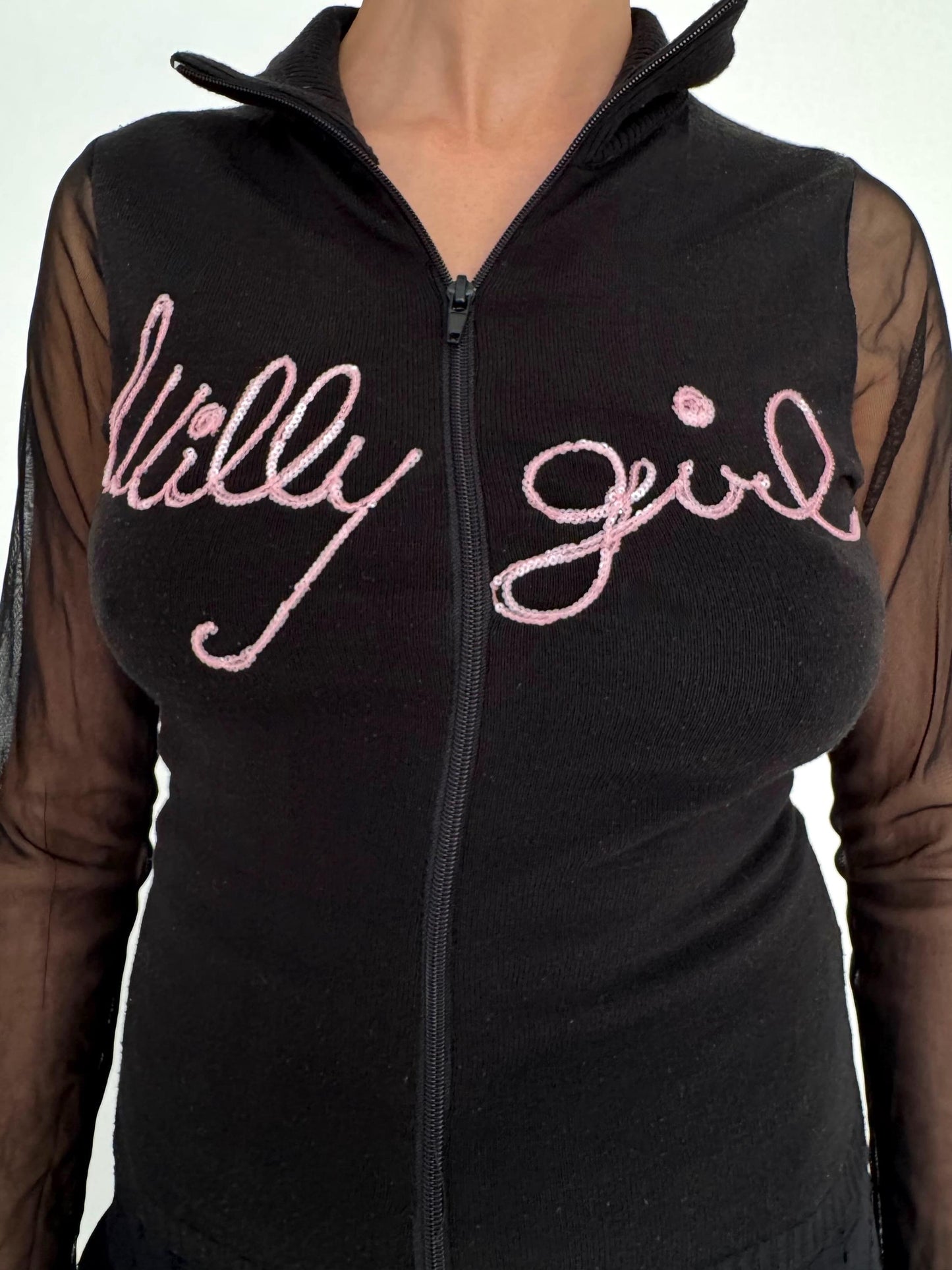 y2k vintage black sheer mesh sleeves zip up sweater