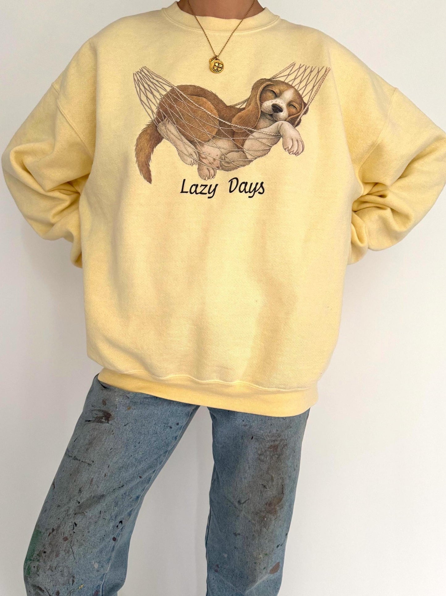 90s vintage yellow Lazy Days puppy animal graphic pullover sweatshirt | cotton crewneck sweater
