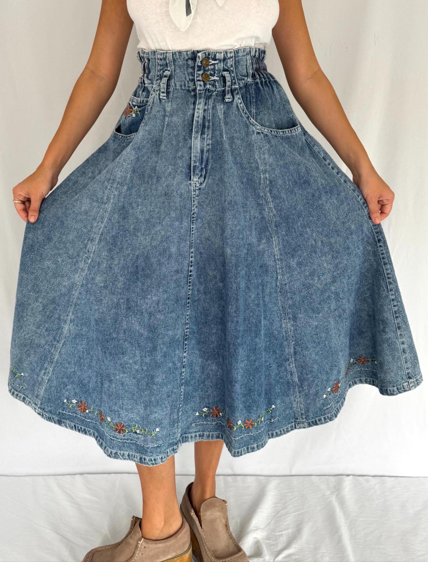 90s vintage blue denim acid wash flared jean midi skirt