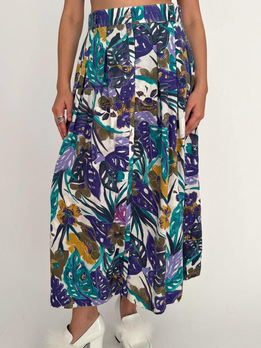 90s vintage multicolor floral botanical print pleated maxi skirt