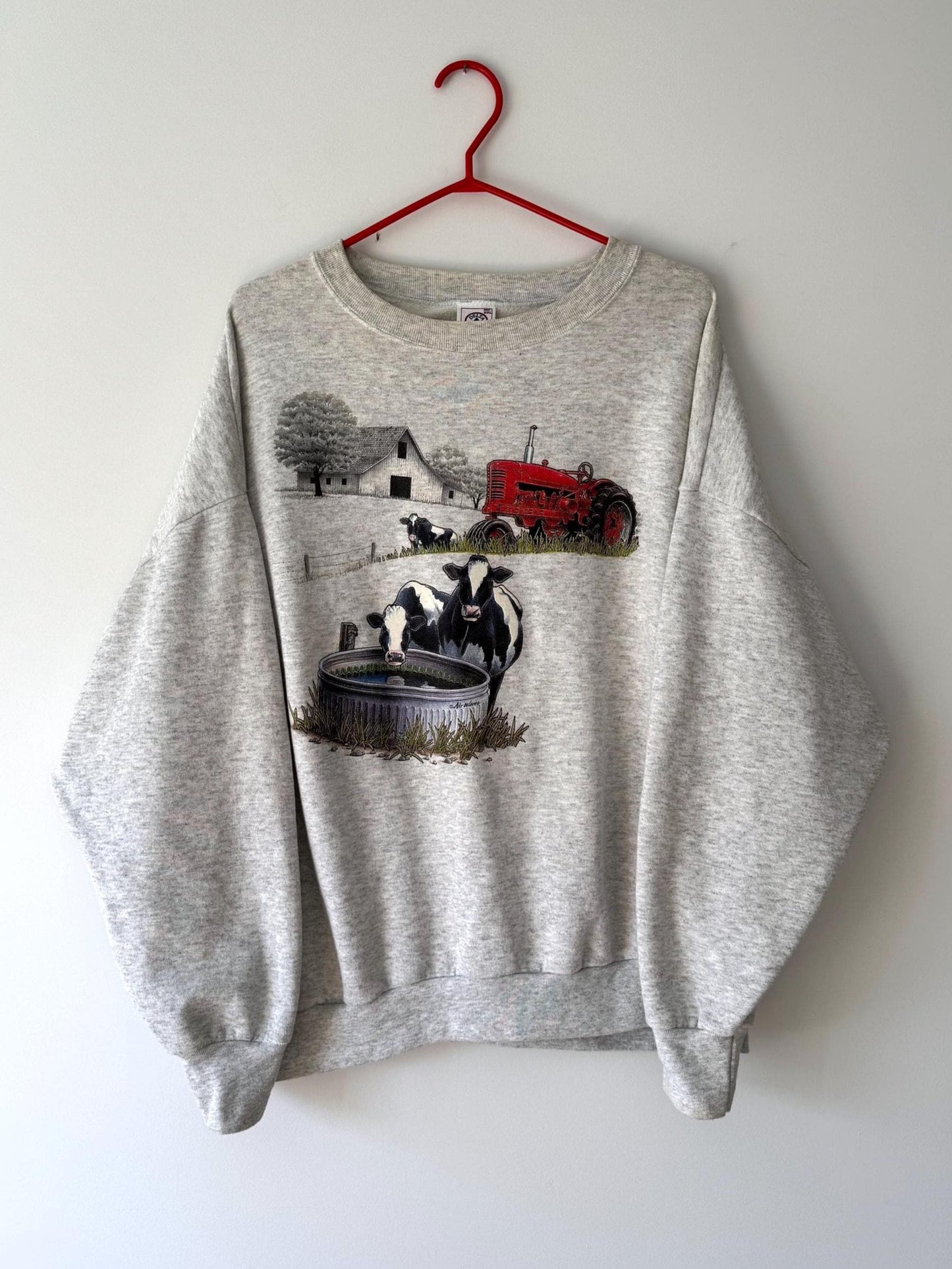 90s vintage grey cow animal outdoor farm graphic pullover sweatshirt