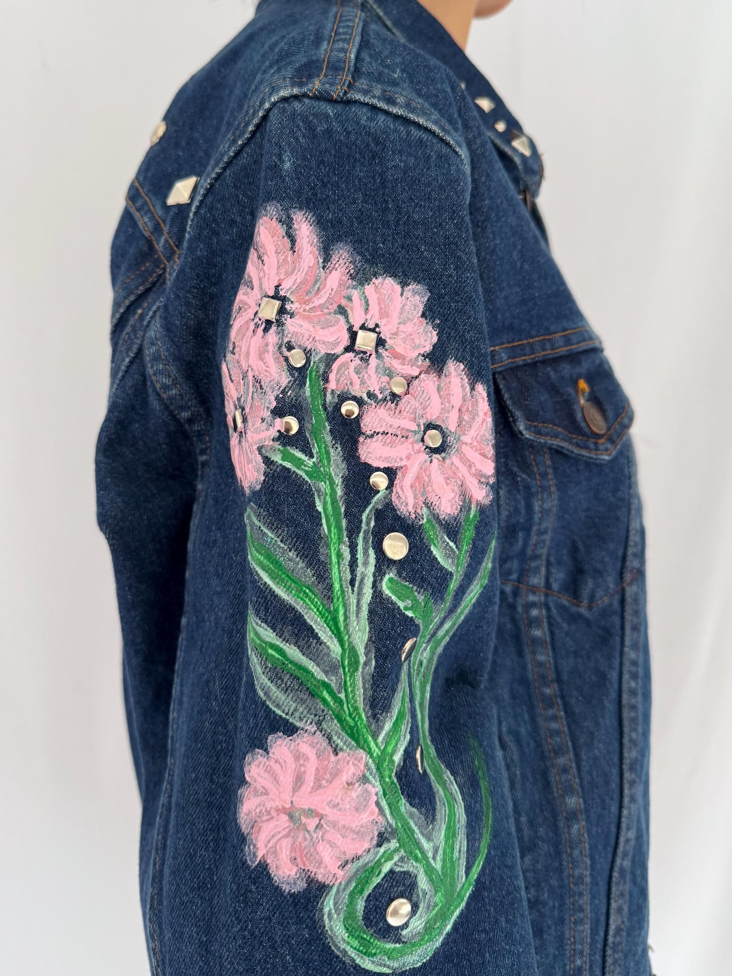 90s vintage blue denim hand painted flowers studded jean jacket – medium | unique reworked custom floral embellished boxy coat