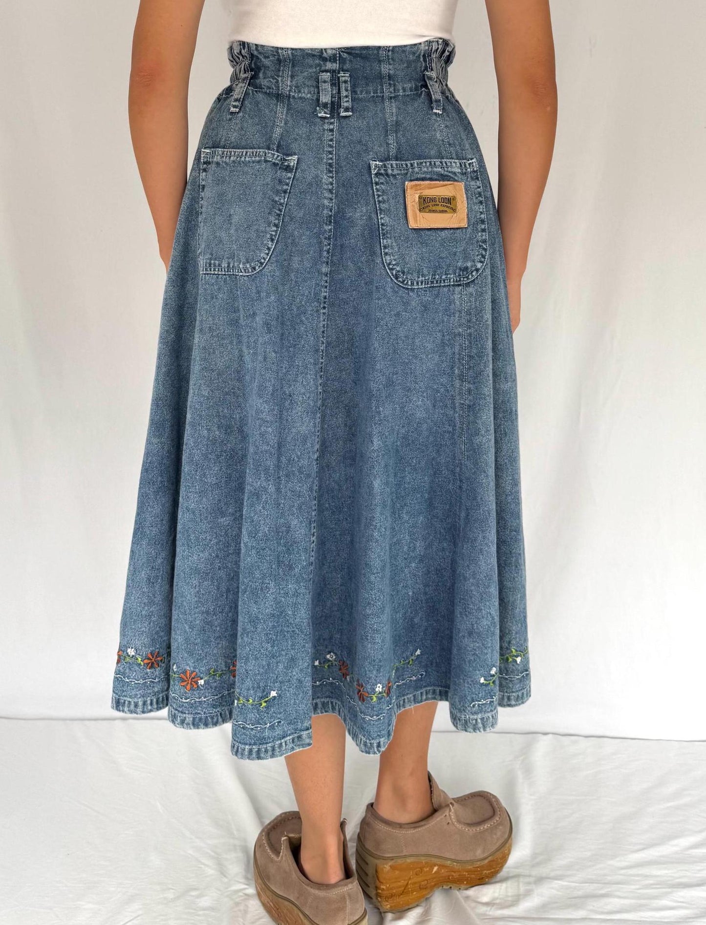 90s vintage blue denim acid wash flared jean midi skirt