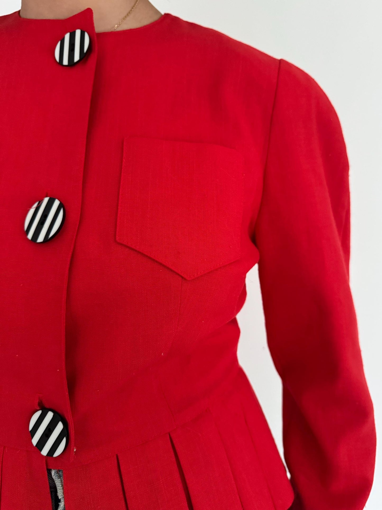 80s vintage red pleated cropped peplum button up blouse