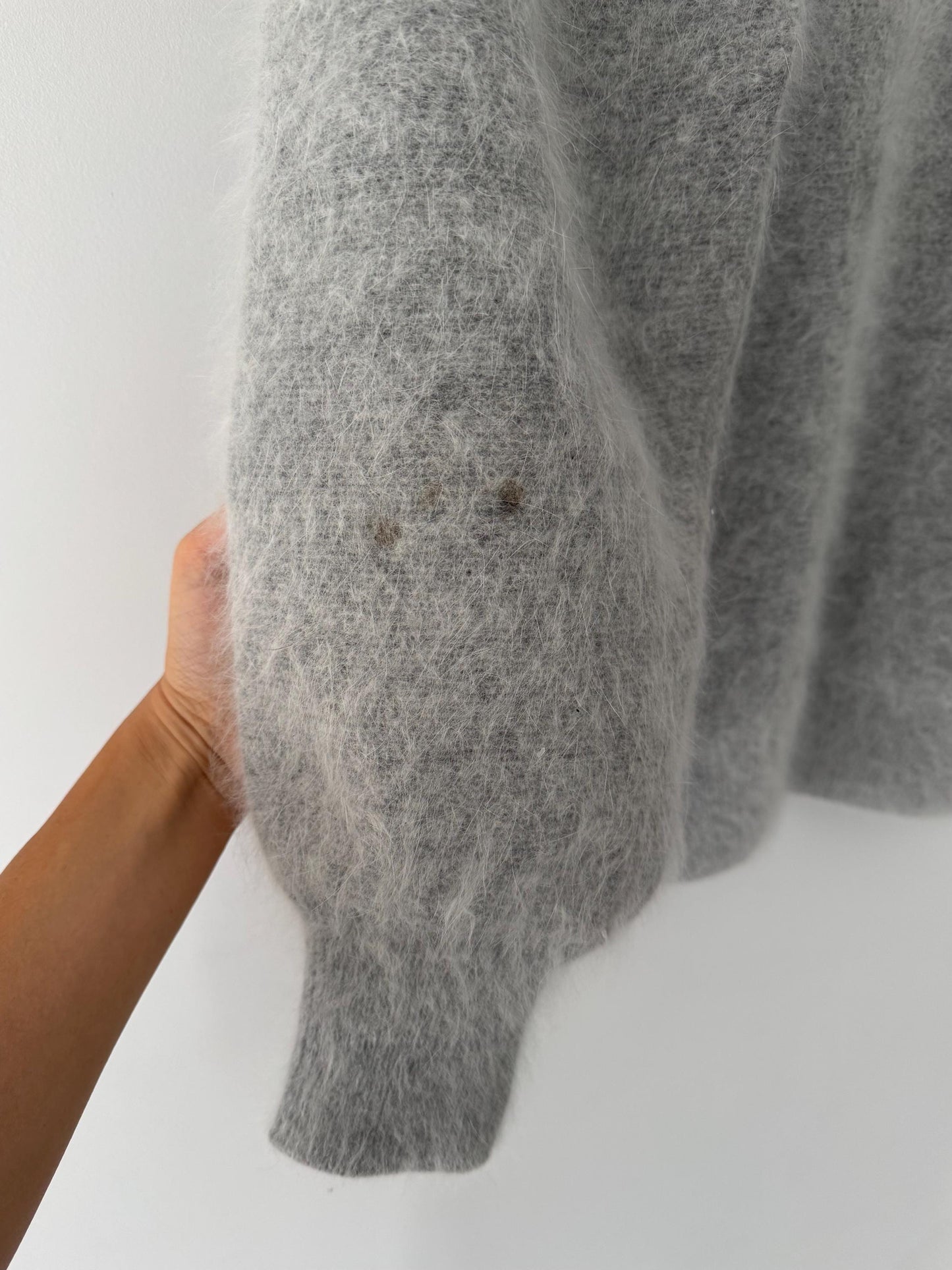 80s vintage grey angora beaded button up cardigan sweater – small medium | fluffy soft embellished puffed long sleeved jumper