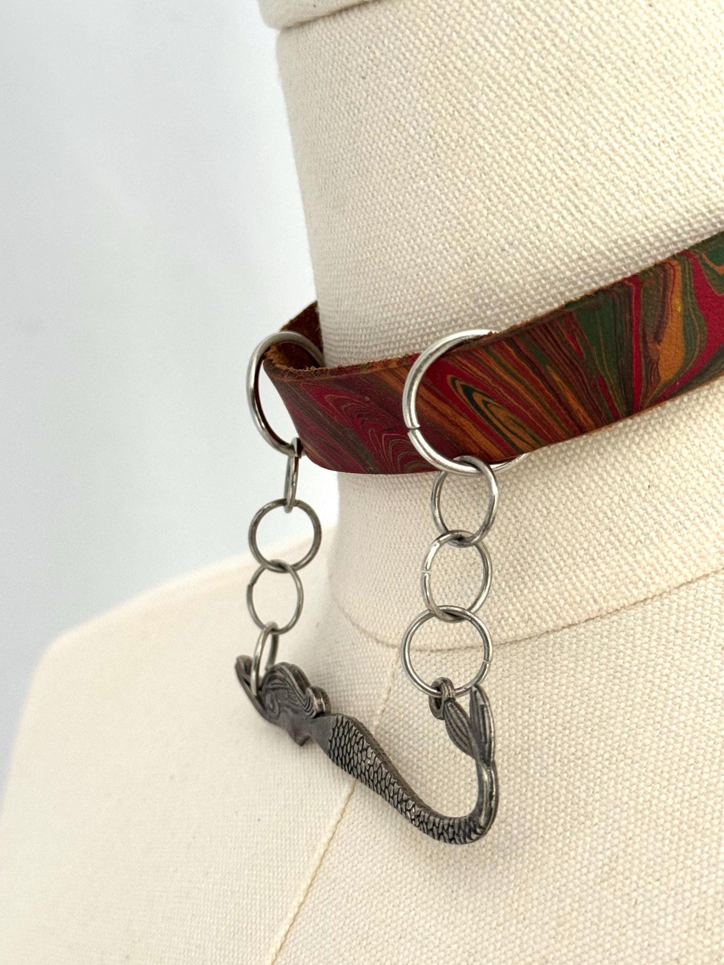 vintage mermaid oversized pendant leather choker short necklace | unique grunge chain jewellery art to wear