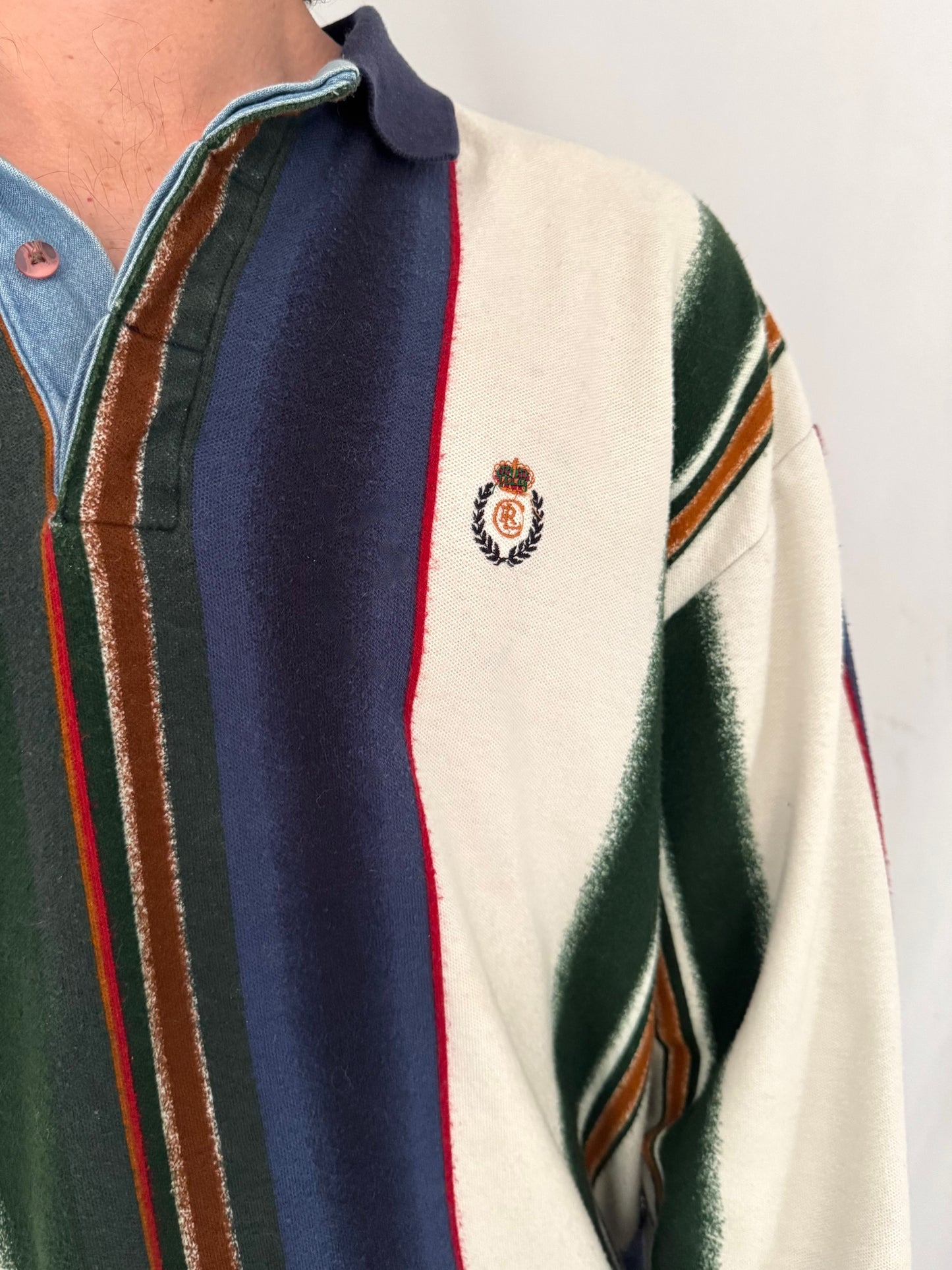 90s vintage multicolor striped chaps ralph lauren long sleeved rugby shirt – large | unisex mens cotton denim preppy varsity collared polo