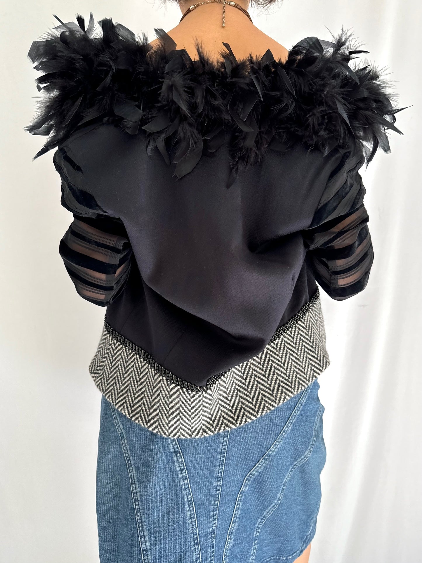 vintage black feather trim collar open front jacket – small | unique beaded sheer halloween party blazer