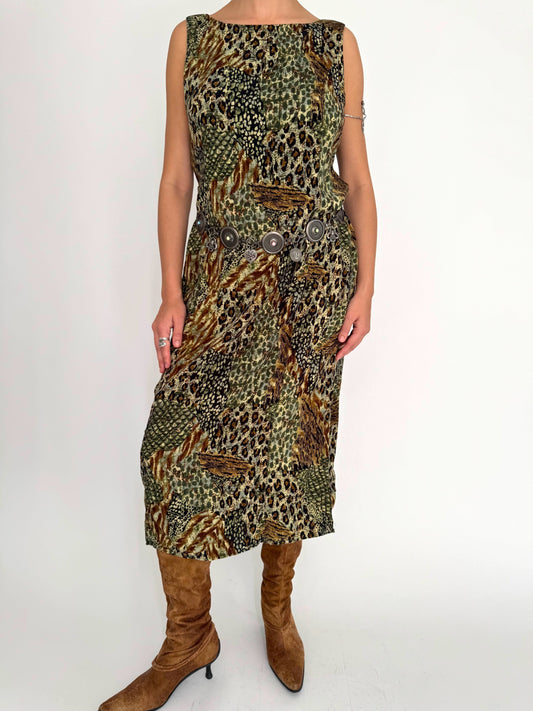 90s vintage green animal print fairy grunge sleeveless midi maxi shift dress – medium large | fairycore boho earthy patchwork long sundress