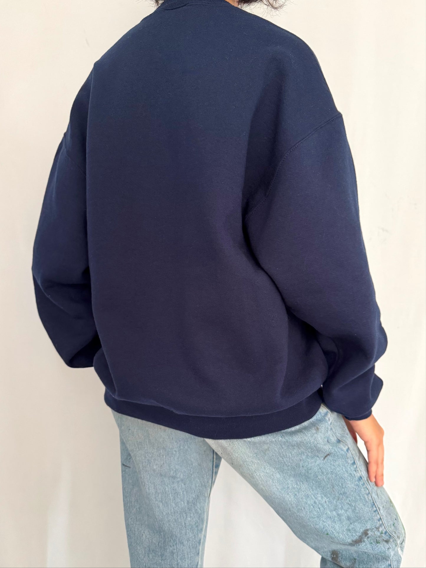 90s vintage navy blue lighthouse boat graphic pullover sweatshirt - large | coastal cottage nature travel souvenir cotton crewneck sweater