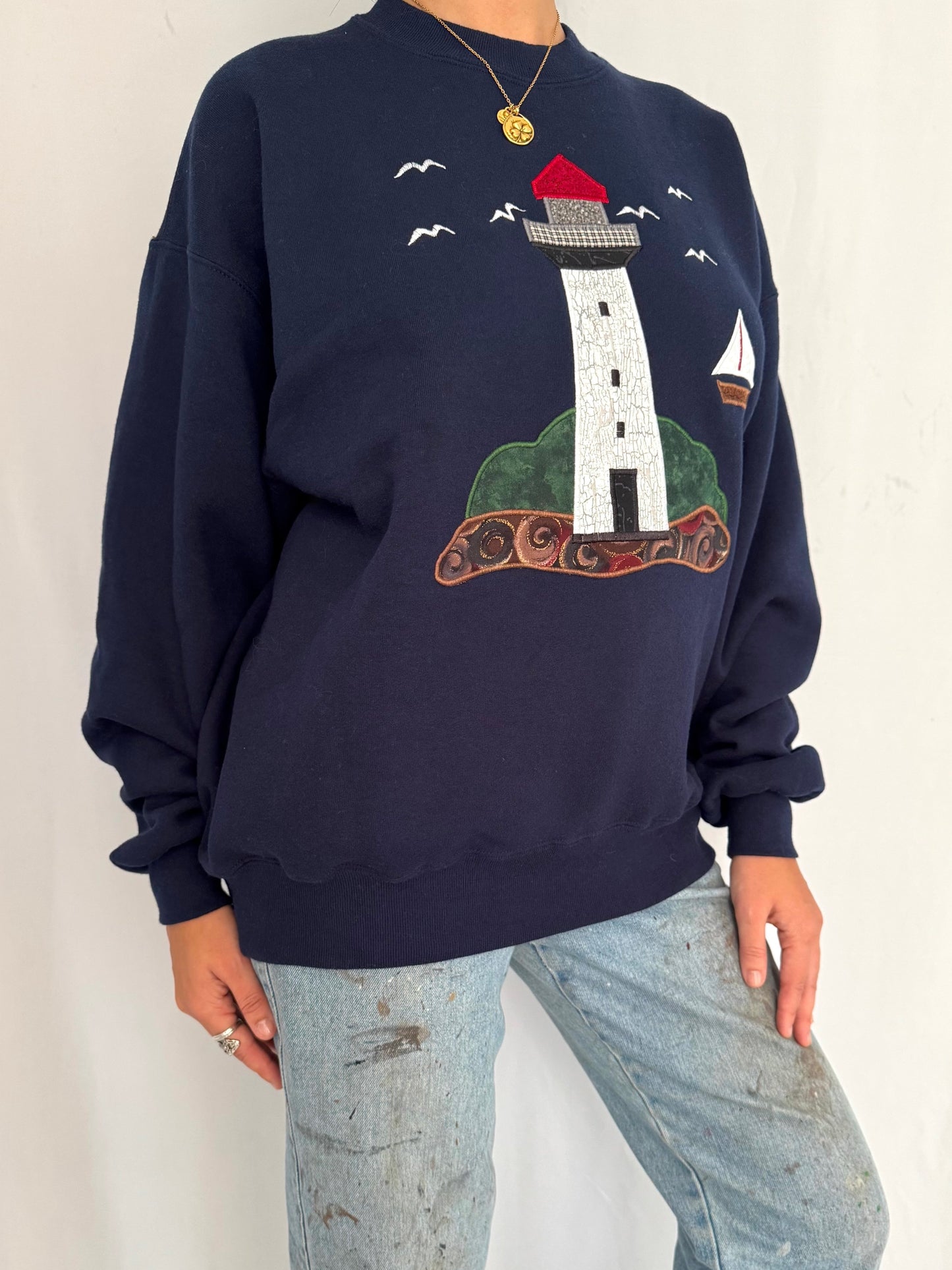 90s vintage navy blue lighthouse boat graphic pullover sweatshirt - large | coastal cottage nature travel souvenir cotton crewneck sweater