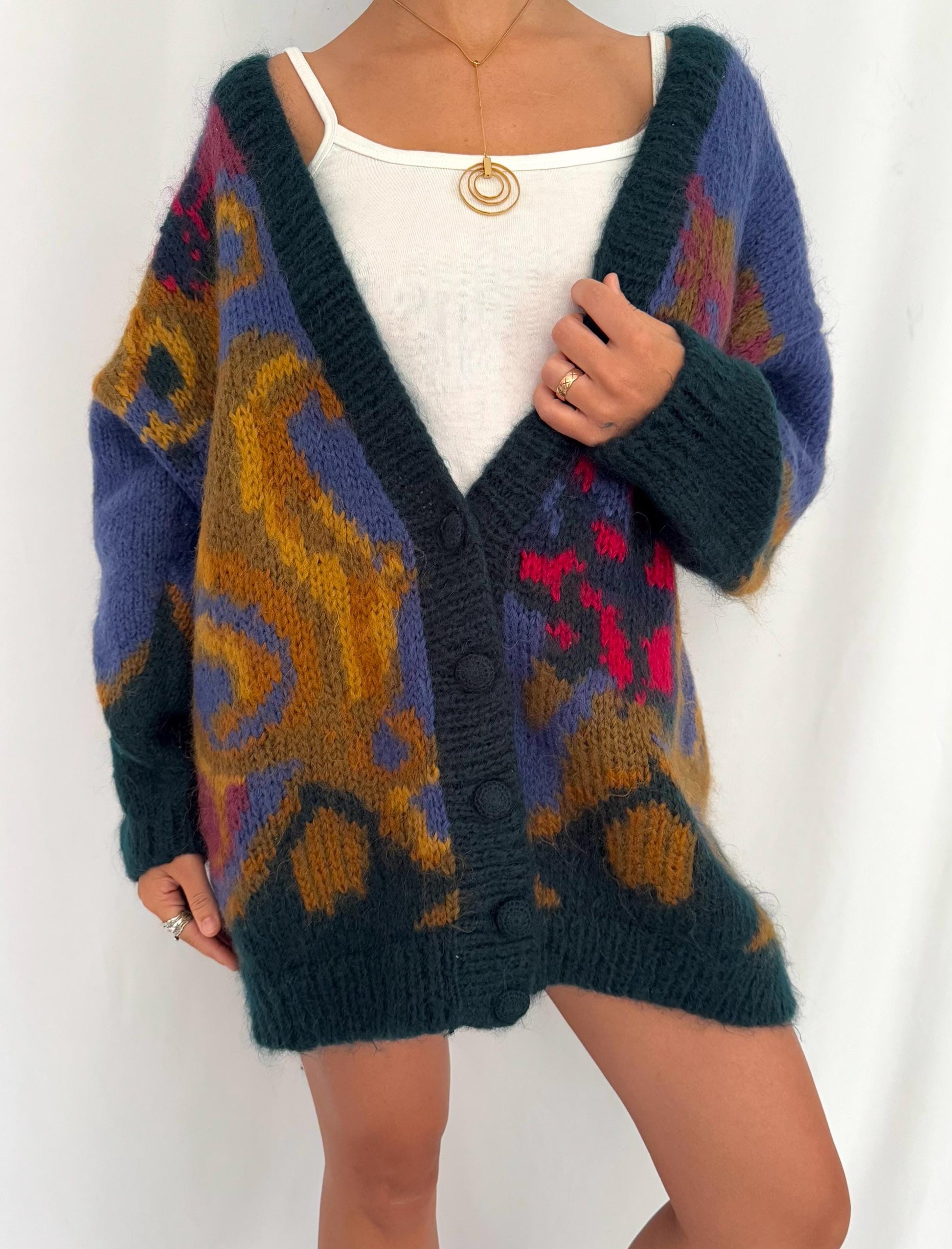 80s vintage multicolor mohair hand knit long button up cardigan