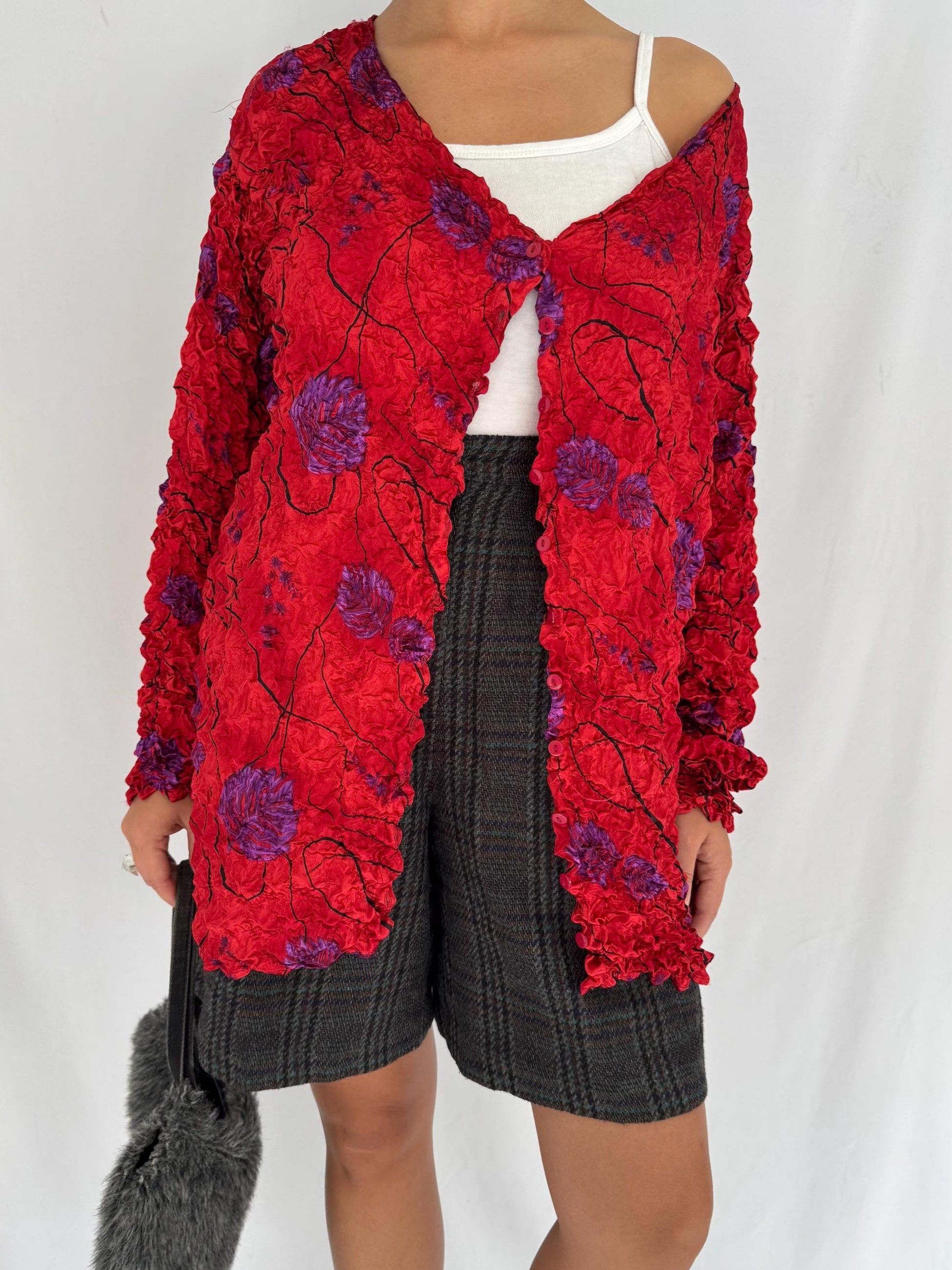 90s vintage red floral print cute ugly popcorn blouse cardigan