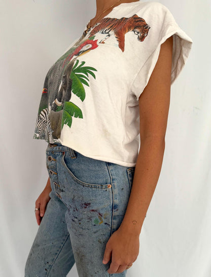 90s vintage colorful animal nature faded graphic cropped tee shirt 