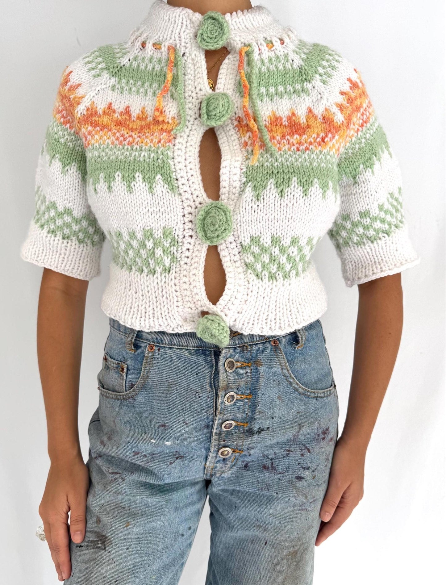 vintage multicolor thick hand knit button up cropped cardigan
