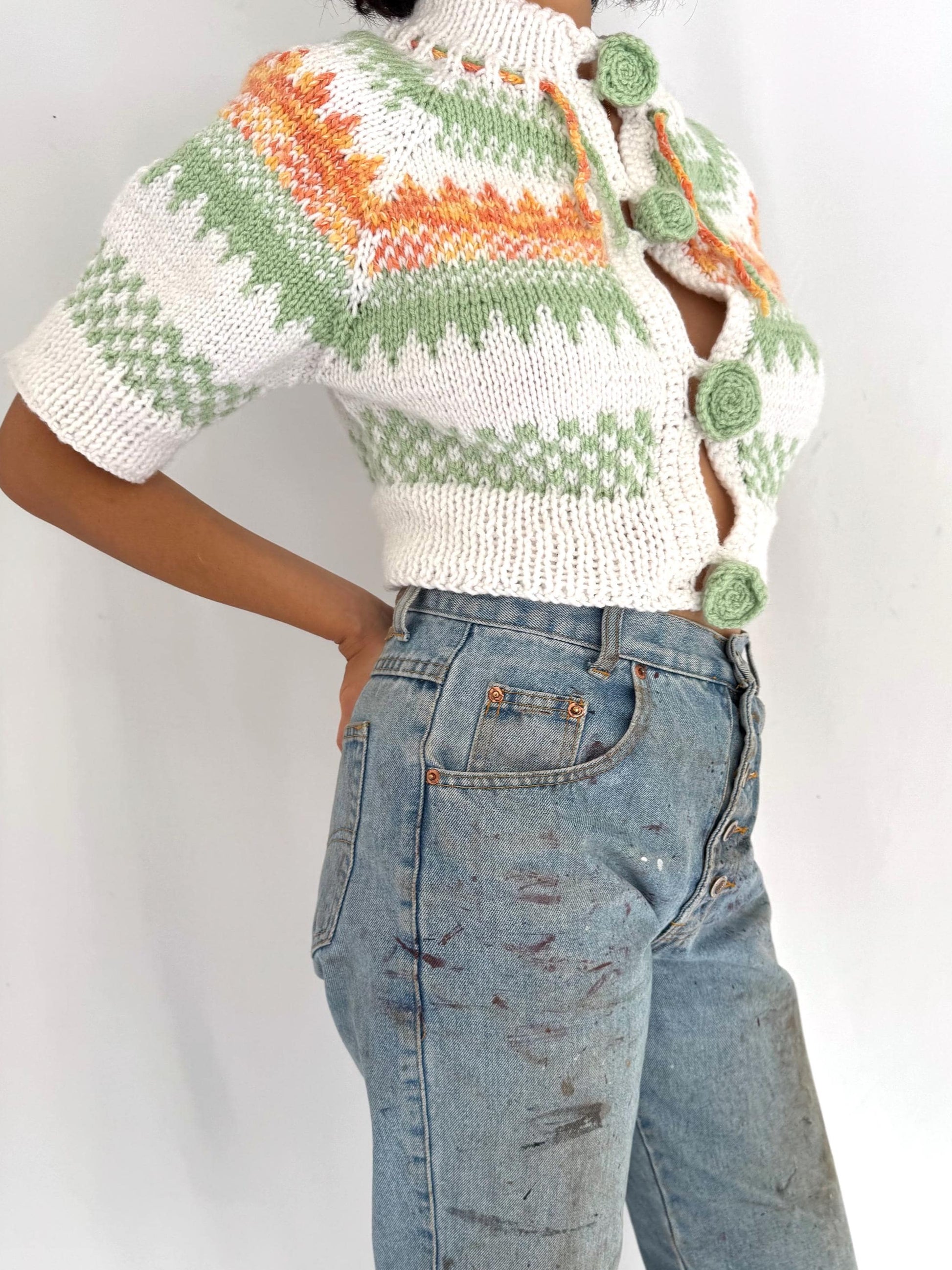 vintage multicolor thick hand knit button up cropped cardigan