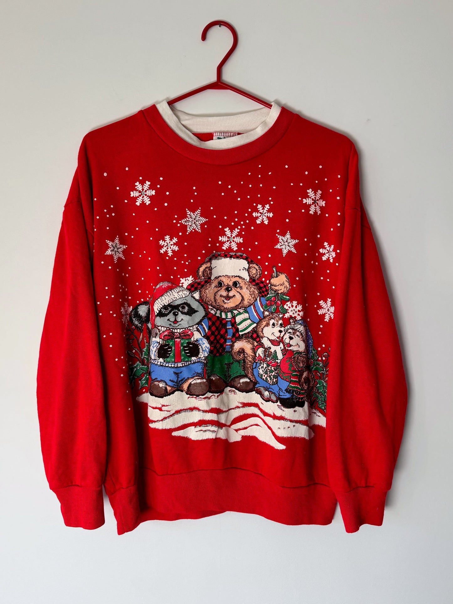 90s vintage red animals christmas graphic pullover sweatshirt – medium