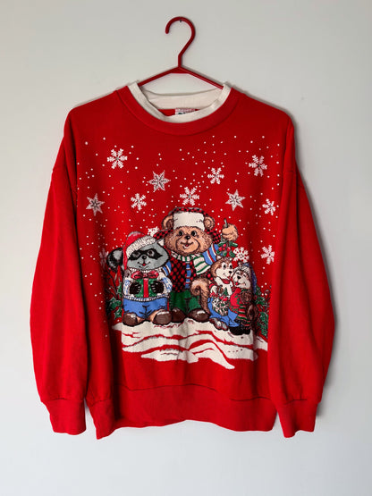 90s vintage red animals christmas graphic pullover sweatshirt – medium