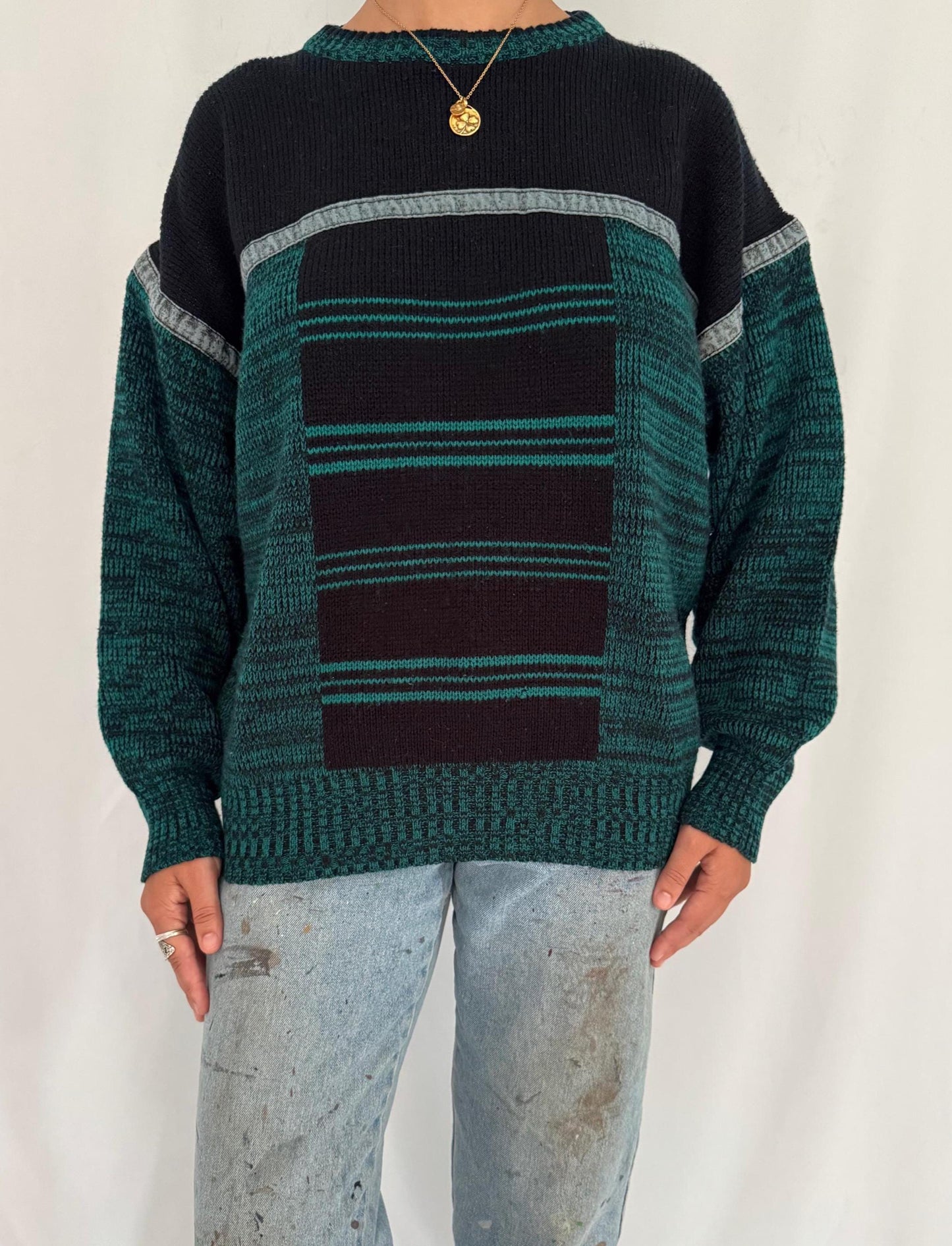 90s vintage green striped eclectic grandpa knit sweater