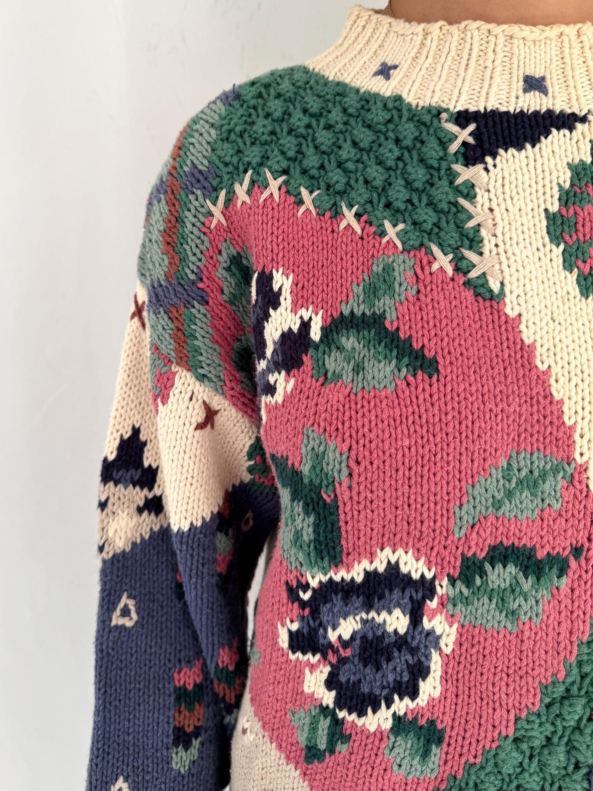 80s vintage multicolor floral patchwork granny thick hand knit sweater