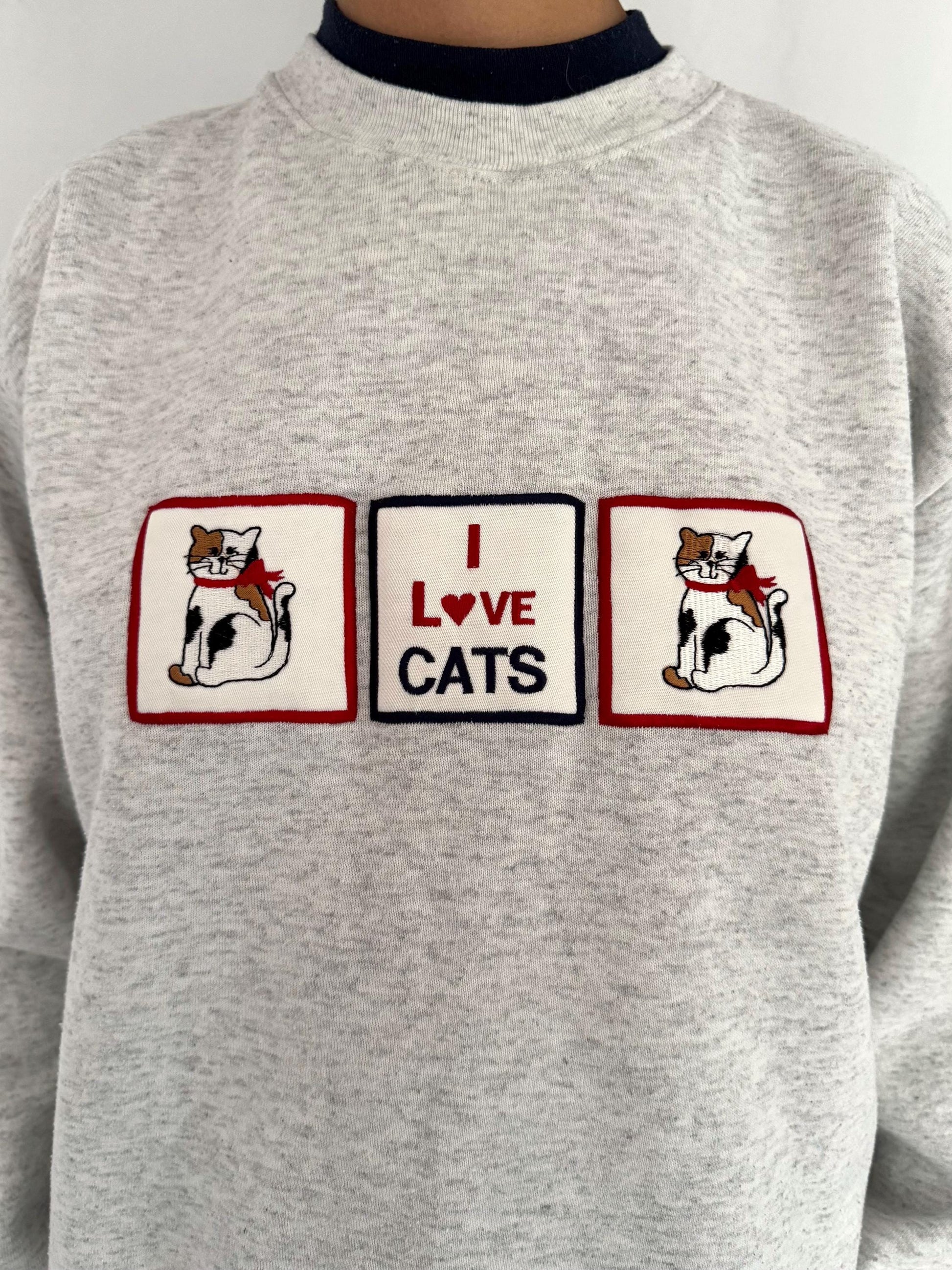 90s vintage grey I LOVE CATS graphic pullover sweatshirt