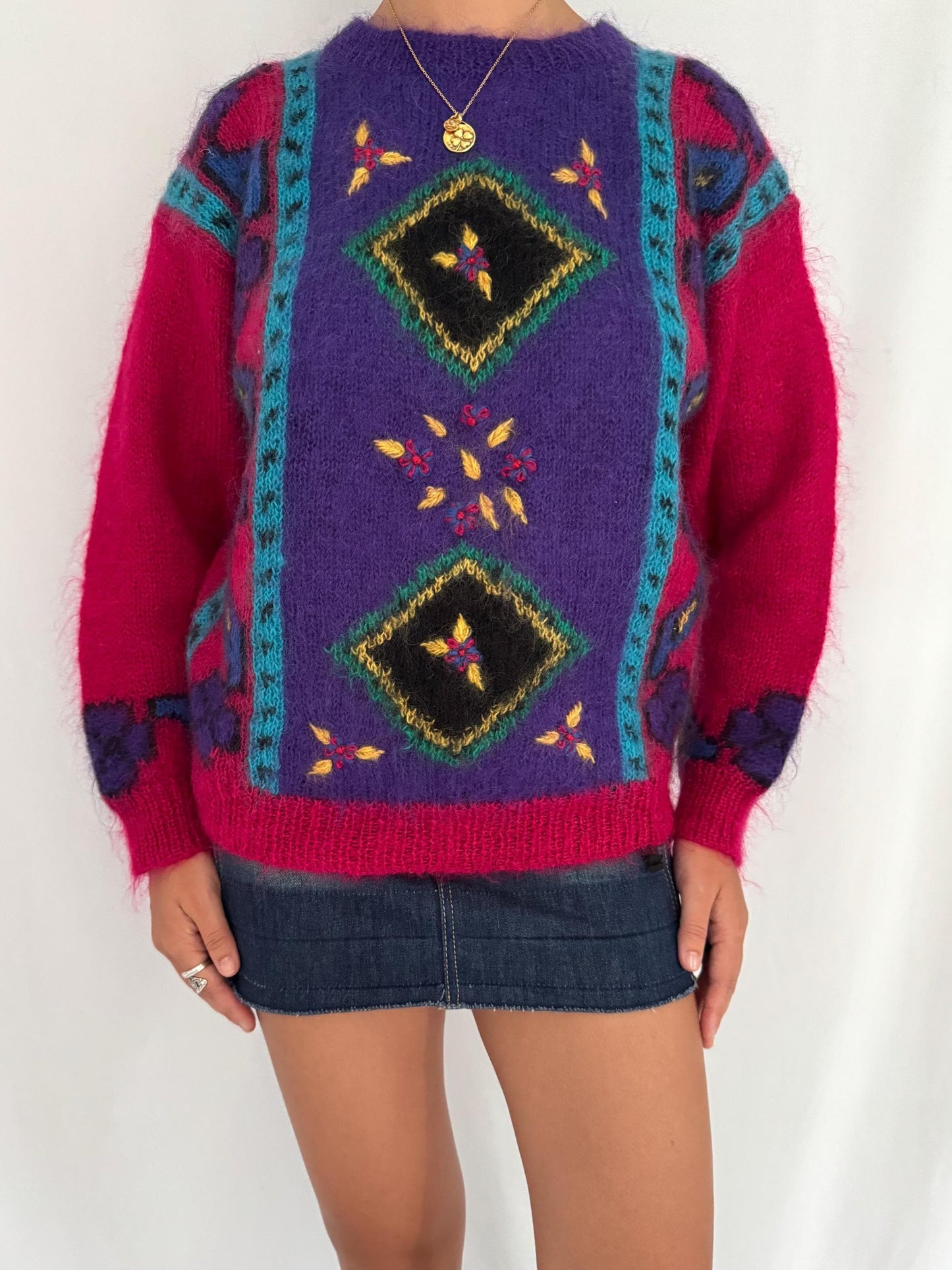 80s vintage multicolor abstract patterned mohair wool knit sweater