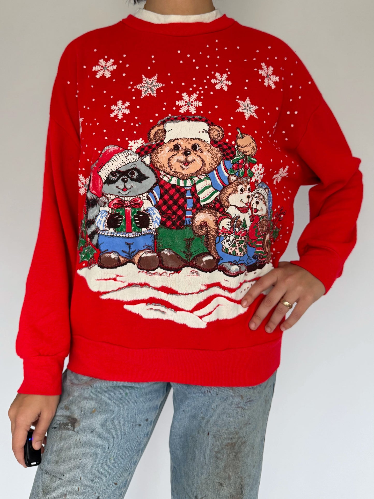 90s vintage red animals christmas graphic pullover sweatshirt – medium