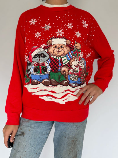 90s vintage red animals christmas graphic pullover sweatshirt – medium