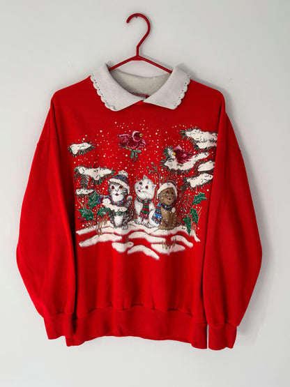 90s vintage red kittens cat christmas graphic pullover sweatshirt – large