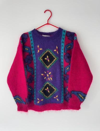80s vintage multicolor abstract patterned mohair wool knit sweater